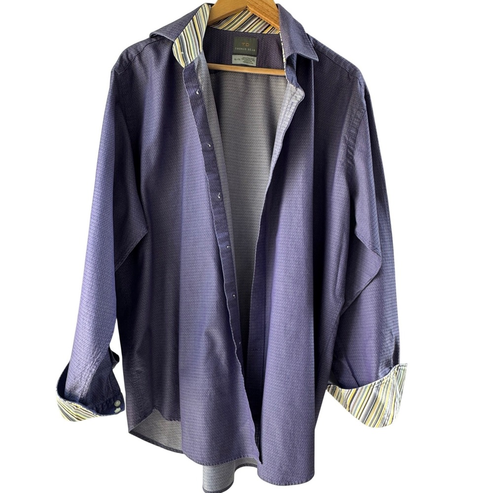 Thomas Dean Mens 100% Cotton Button Up Shirt XL Purple Geometric Striped Cuffs